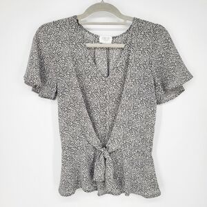 Sienna Sky Printed Blouse Ruffled Tie Front Black White Size Small